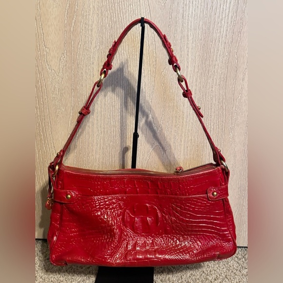 Brahmin Fire Engine Red Leather Croc Embossed Shoulder Satchel  Bag - Picture 1 of 10
